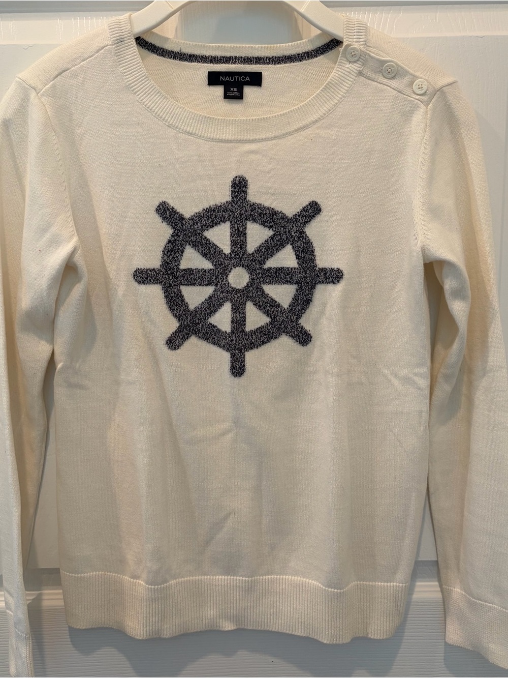 Nautica Cream Crewneck Sweater with Navy Ship Wheel Motif